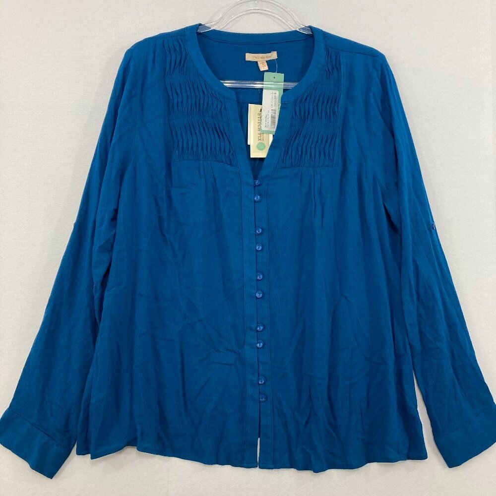 New Skies are Blue Large Pintuck Split Neck Ultra Soft Rayon Button Down Preppy